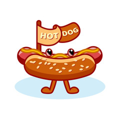 Flat hot dog illustration isolated on white background. Cute character sandwich with ketchup and mustard. Fast food hotdog icon for poster, banner, menu, brochure, web