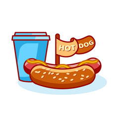 Flat hot dog and glass illustration isolated on white background. Fast food hotdog icon for poster, banner, menu, brochure, web