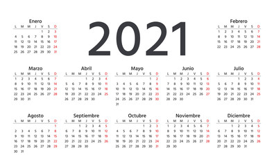 Spanish Calendar 2021 year. Week starts Monday. Vector. Spain calender template. Yearly stationery organizer in minimal design. Horizontal landscape orientation. Simple illustration.