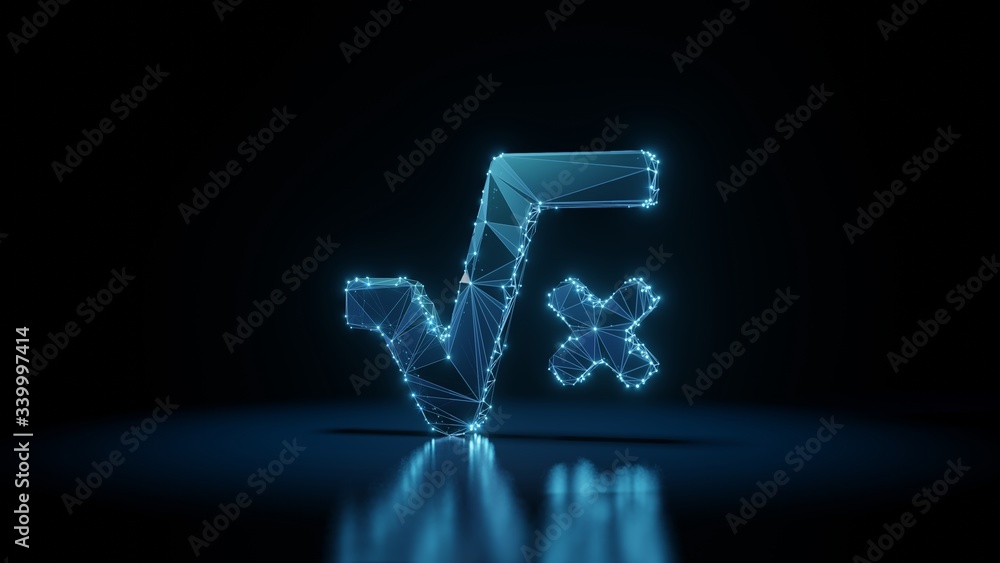 Aufkleber 3d rendering wireframe neon glowing symbol of square root on black background with reflection