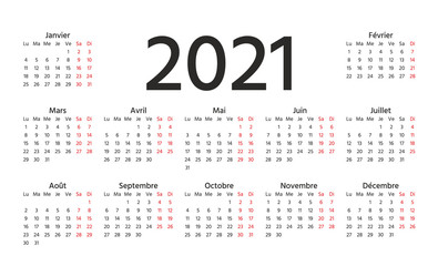 French Calendar 2021 year. Week starts Monday. Vector. Simple template of pocket or wall France calenders. Yearly stationery organizer. Horizontal, landscape orientation. Simple illustration.
