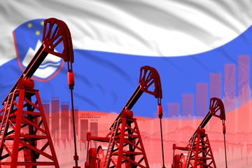 industrial illustration of oil wells - Slovenia oil industry concept on flag background. 3D Illustration
