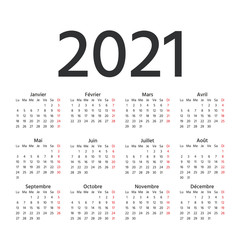 2021 French Calendar. Vector. Week starts Monday. 2021 year France calender template. Yearly stationery organizer in minimal design. Simple illustration in french language.