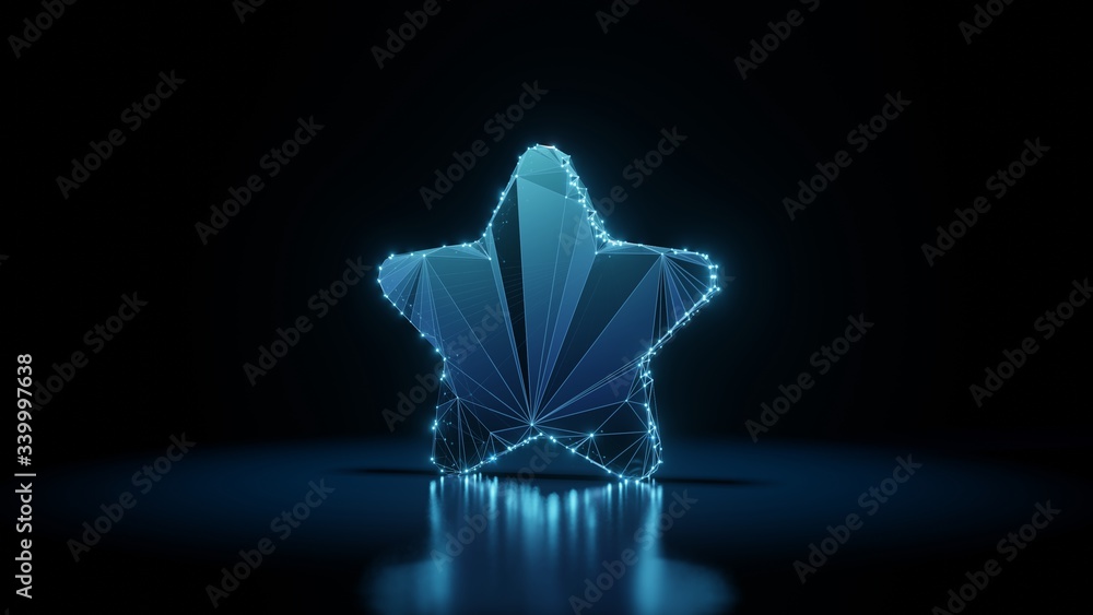 Poster 3d rendering wireframe neon glowing symbol of star on black background with reflection