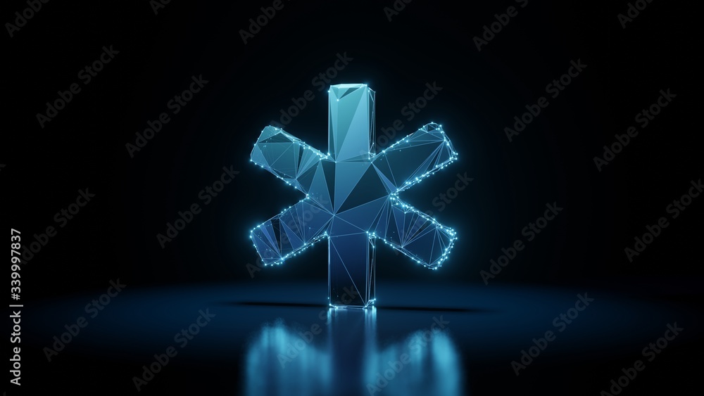Poster 3d rendering wireframe neon glowing symbol of star of life on black background with reflection