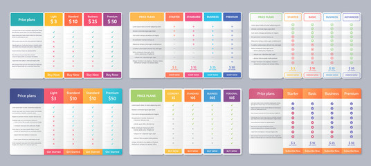 Table price template. Vector. Comparison plan chart. Set pricing data grid with 4 columns. Checklist compare tariff banner. Comparative spreadsheet with options. Color illustration. Flat simple design