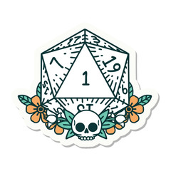 natural one dice roll with floral elements sticker