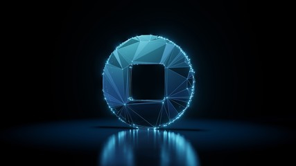3d rendering wireframe neon glowing symbol of stop circle on black background with reflection