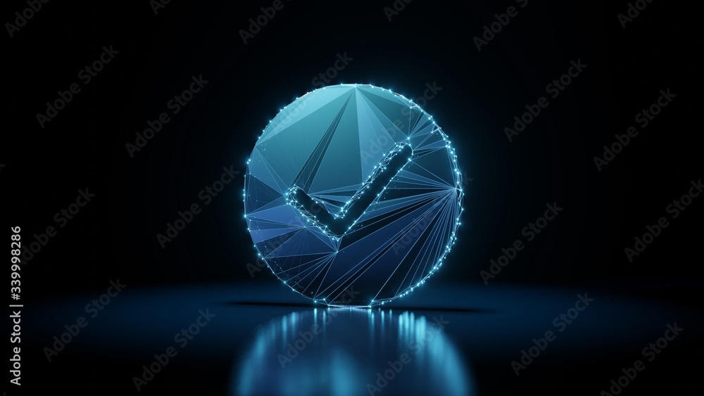 Poster 3d rendering wireframe neon glowing symbol of success on black background with reflection