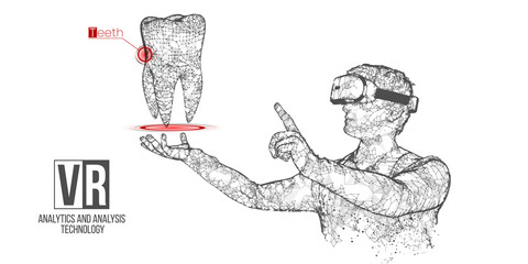 Fototapeta na wymiar VR wireframe headset vector banner. Polygonal man wearing virtual reality glasses, with holographic of tooth. Science, diagnostics, virtual analytics, analysis. VR games. Thank you for watching