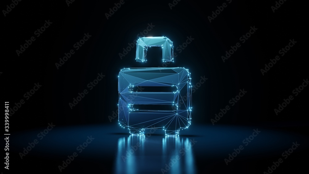 Poster 3d rendering wireframe neon glowing symbol of suitcase rolling on black background with reflection