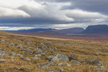 autumn view of Sarek National Park, Lapland, Norrbotten County, Sweden, near border of Finland, Sweden and Norway. selective focus