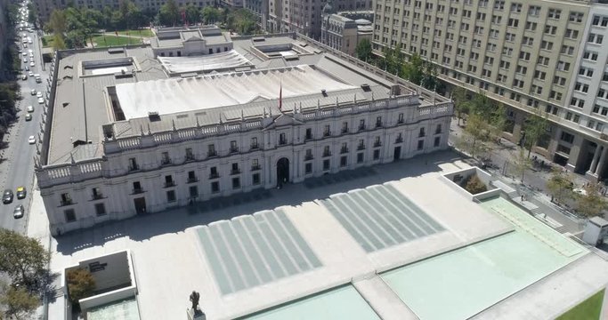 Aerial view of Palacio la Moneda in the historic center of Santiago de Chile. 4K.