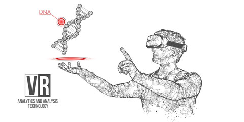 VR wireframe headset vector banner. Polygonal man wearing virtual reality glasses, with holographic of dna code. Science, diagnostics, virtual analytics, analysis. VR games. Thank you for watching