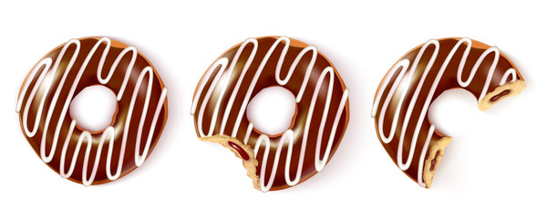 Three stages of chocolate donut biting on white background. Sweet donut with glaze with chocolate stuffing. Realistic vector illustration.