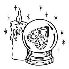 A magic prediction ball with a Ouija Board pointer inside and a candle. Magic crystal ball for divination. Perfect for tattoos and t-shirts