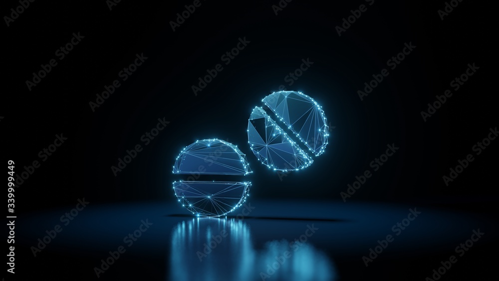 Poster 3d rendering wireframe neon glowing symbol of tablets on black background with reflection
