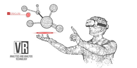 VR wireframe headset vector banner. Polygonal man wearing virtual reality glasses, with holographic of molecules. Science, diagnostics, virtual analytics, analysis. VR games. Thank you for watching