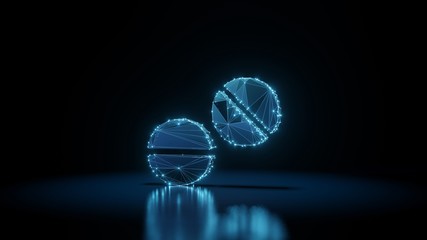 3d rendering wireframe neon glowing symbol of tablets on black background with reflection