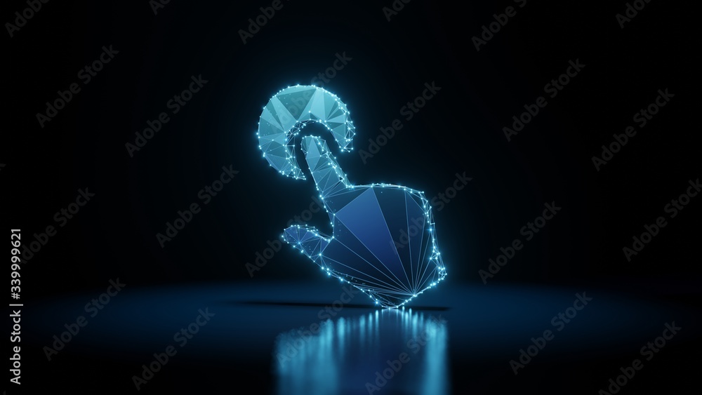 Poster 3d rendering wireframe neon glowing symbol of tap on black background with reflection