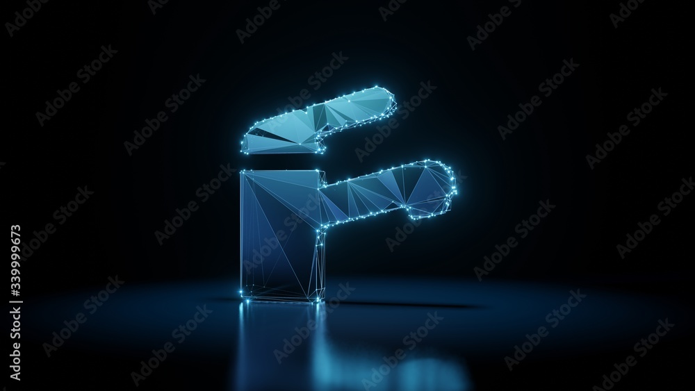 Poster 3d rendering wireframe neon glowing symbol of tap on black background with reflection