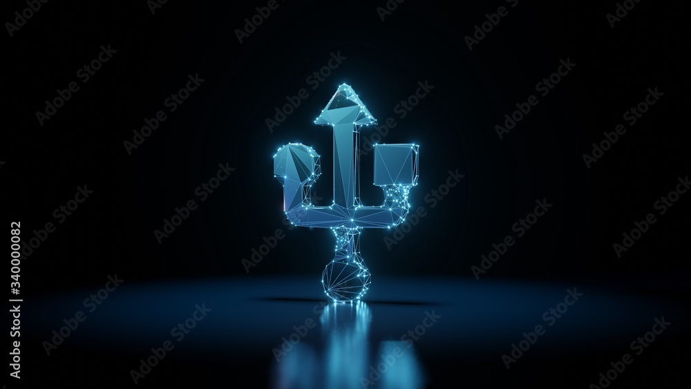 Aufkleber 3d rendering wireframe neon glowing symbol of technology on black background with reflection