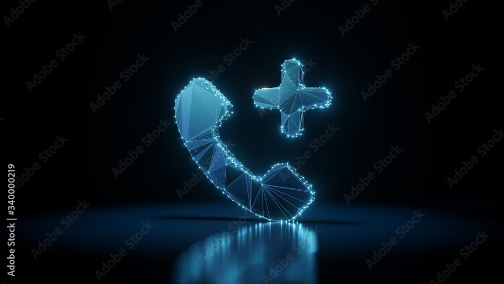 Aufkleber 3d rendering wireframe neon glowing symbol of technology on black background with reflection