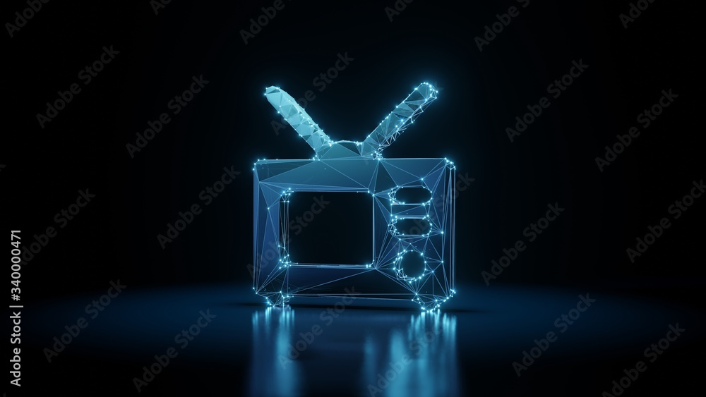 Poster 3d rendering wireframe neon glowing symbol of television on black background with reflection