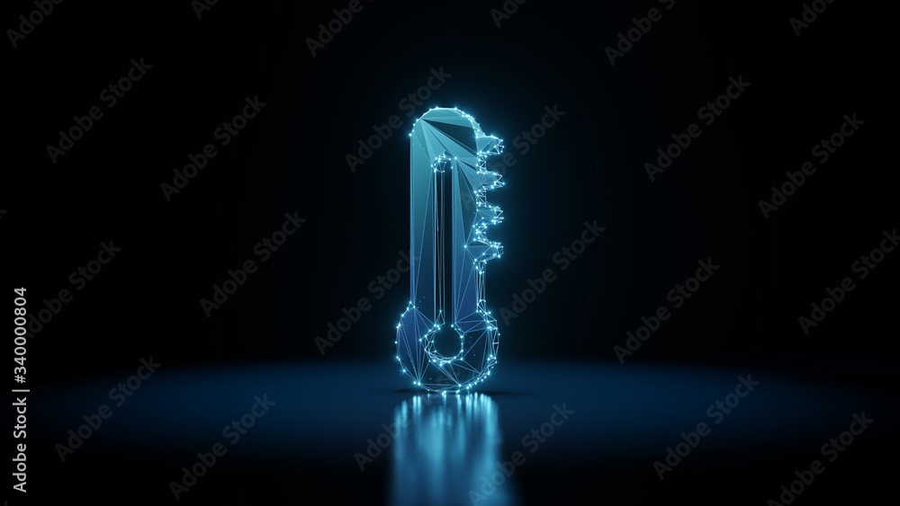 Poster 3d rendering wireframe neon glowing symbol of thermometer on black background with reflection