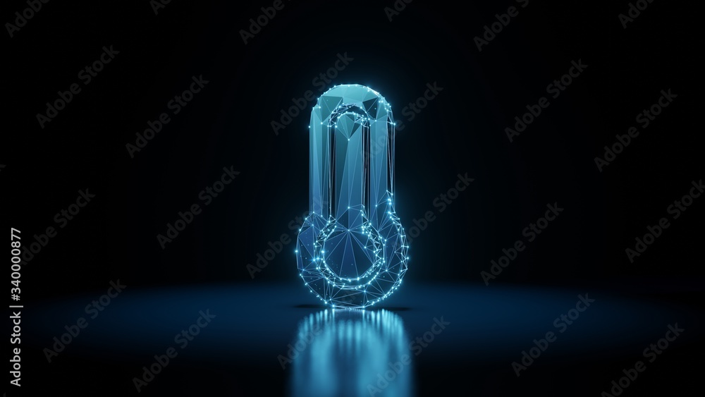 Poster 3d rendering wireframe neon glowing symbol of thermometer full on black background with reflection