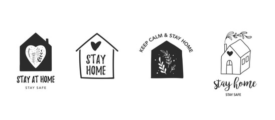 Stay at home, stay safe. Vector logos, illustrations and icons. Hand drawn motivation symbols