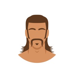 Face of man with mustache and mullet hairstyle