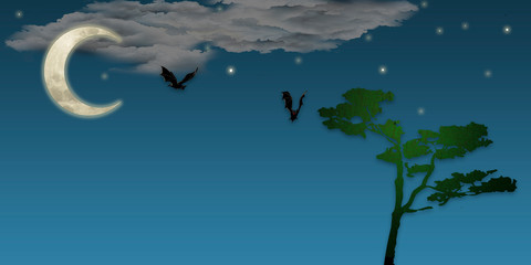 Ilustración de la selva en la oscuridad de la noche con su fauna.