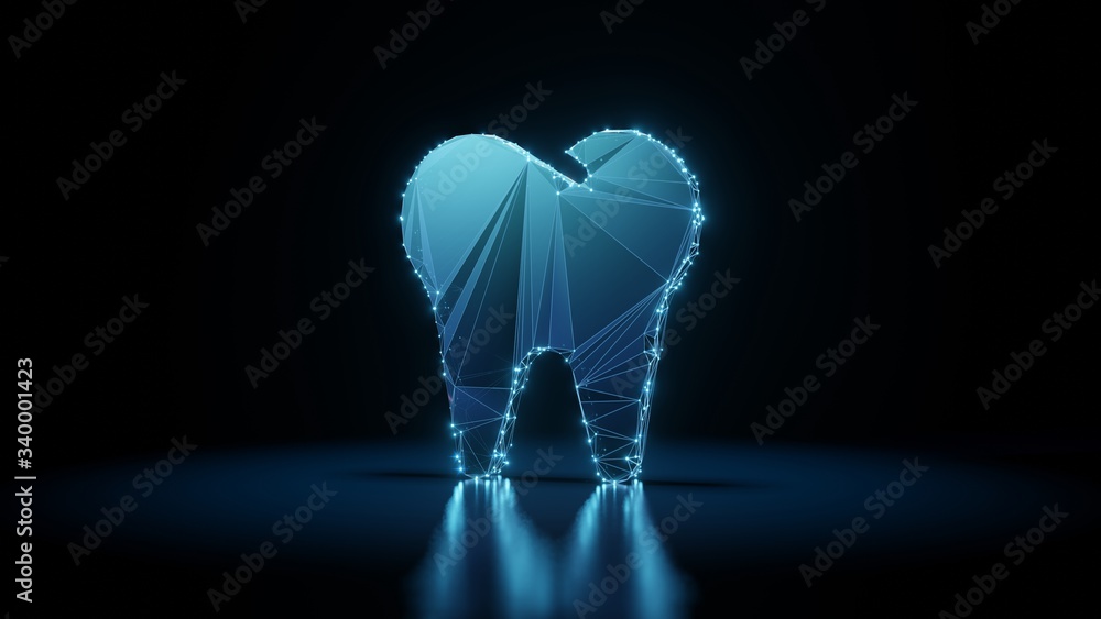 Poster 3d rendering wireframe neon glowing symbol of tooth on black background with reflection