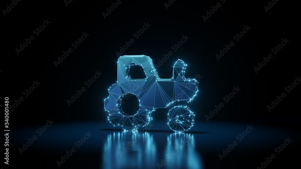 Poster 3d rendering wireframe neon glowing symbol of tractor on black background with reflection