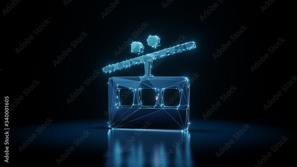 Poster 3d rendering wireframe neon glowing symbol of tram on black background with reflection