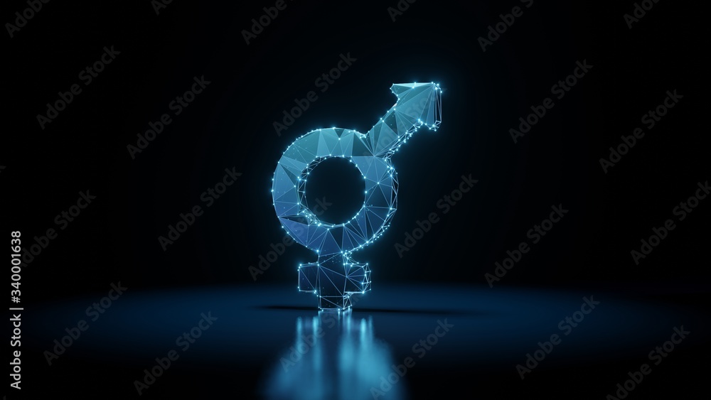 Poster 3d rendering wireframe neon glowing symbol of transgender on black background with reflection