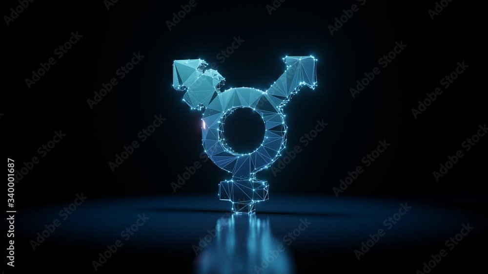 Poster 3d rendering wireframe neon glowing symbol of transgender alt on black background with reflection