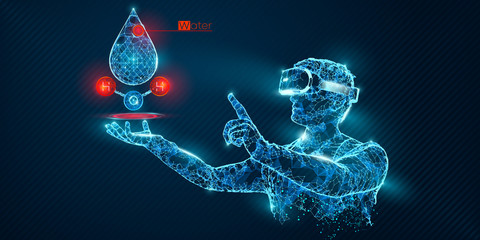 VR wireframe headset vector banner. Polygonal man wearing virtual reality glasses, with holographic of water. Science, diagnostics, virtual analytics, analysis. VR games. Thank you for watching