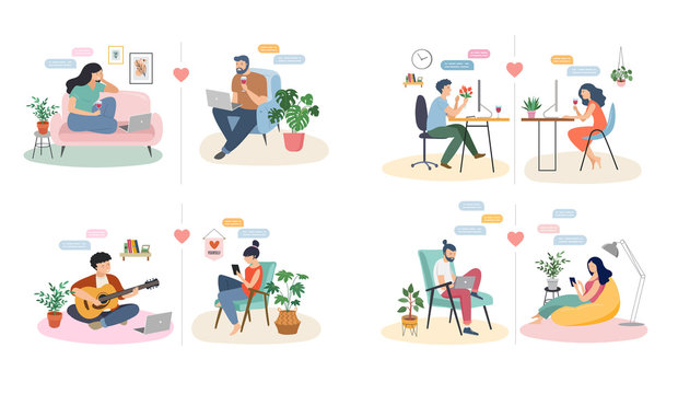 Couples with smartphones, tablets and laptops chatting online, during coronavirus self isolation, quarantine. Virtual dating concept. Vector illustration