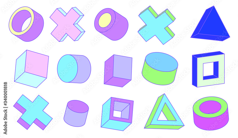 Poster set of simple geometic 3d elements in bauhaus neo-memphis retro style, colored in punchy pastel colo