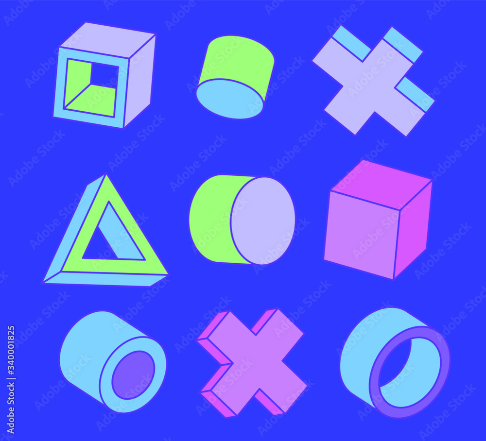 Poster set of simple geometic 3d elements in bauhaus neo-memphis retro style, colored in punchy pastel colo