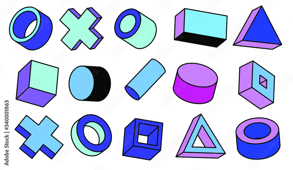 Poster set of simple geometic 3d elements in bauhaus neo-memphis retro style, colored in punchy pastel colo