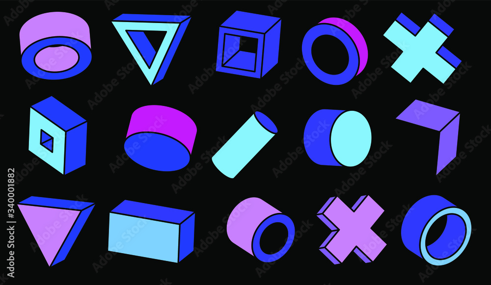Poster set of simple geometic 3d elements in bauhaus neo-memphis retro style, colored in punchy pastel colo