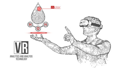 Fototapeta na wymiar VR wireframe headset vector banner. Polygonal man wearing virtual reality glasses, with holographic of water. Science, diagnostics, virtual analytics, analysis. VR games. Thank you for watching