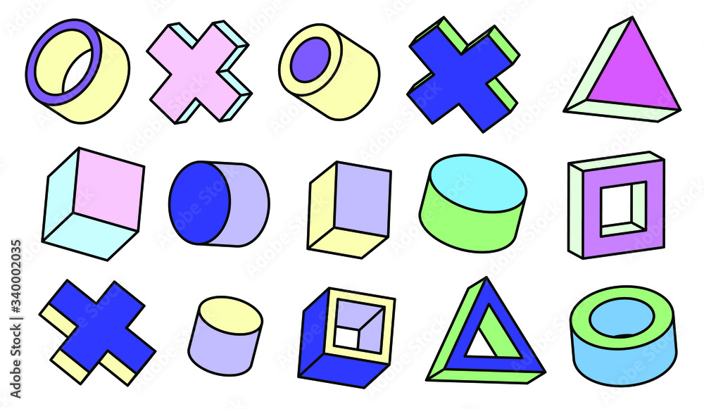 Poster set of simple geometic 3d elements in bauhaus neo-memphis retro style, colored in punchy pastel colo