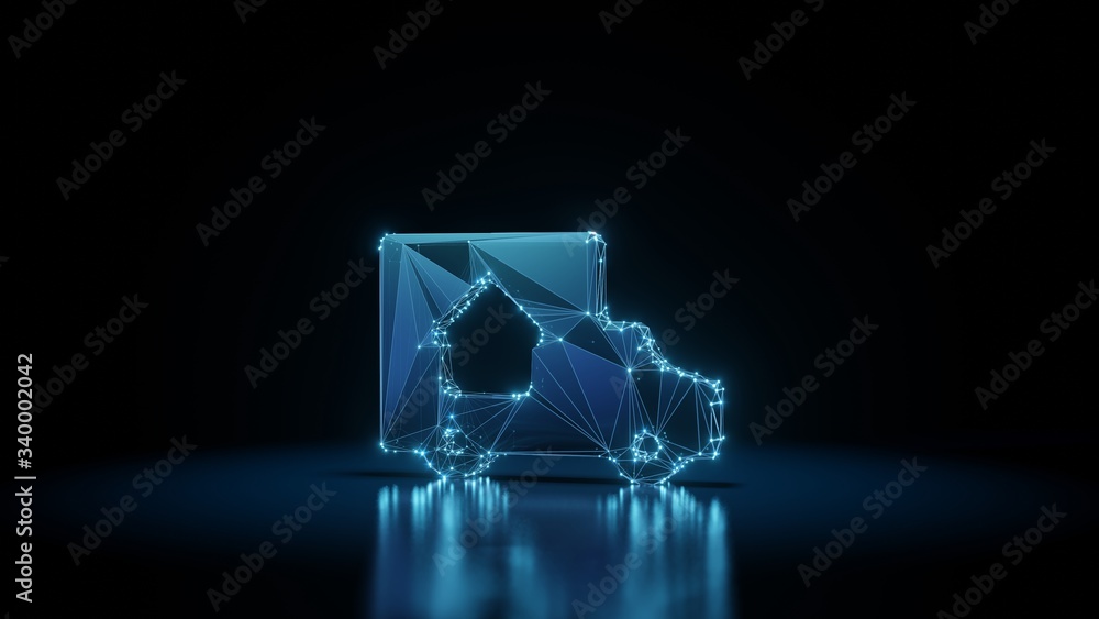 Poster 3d rendering wireframe neon glowing symbol of truck on black background with reflection