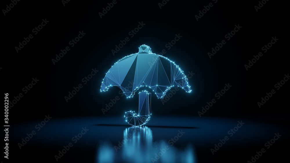 Poster 3d rendering wireframe neon glowing symbol of umbrella on black background with reflection