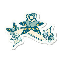 grunge sticker with banner of a single rose