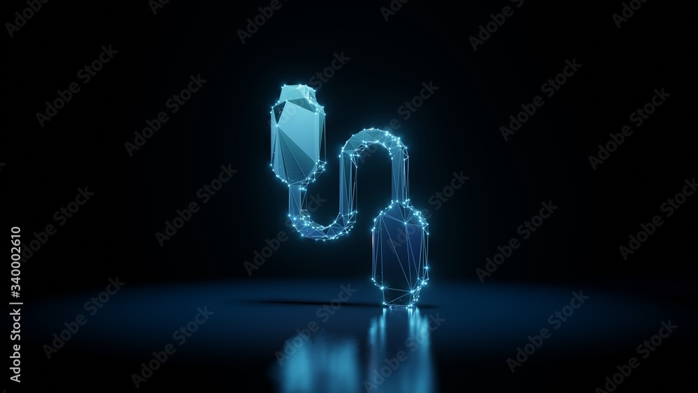 Poster 3d rendering wireframe neon glowing symbol of usb cable on black background with reflection